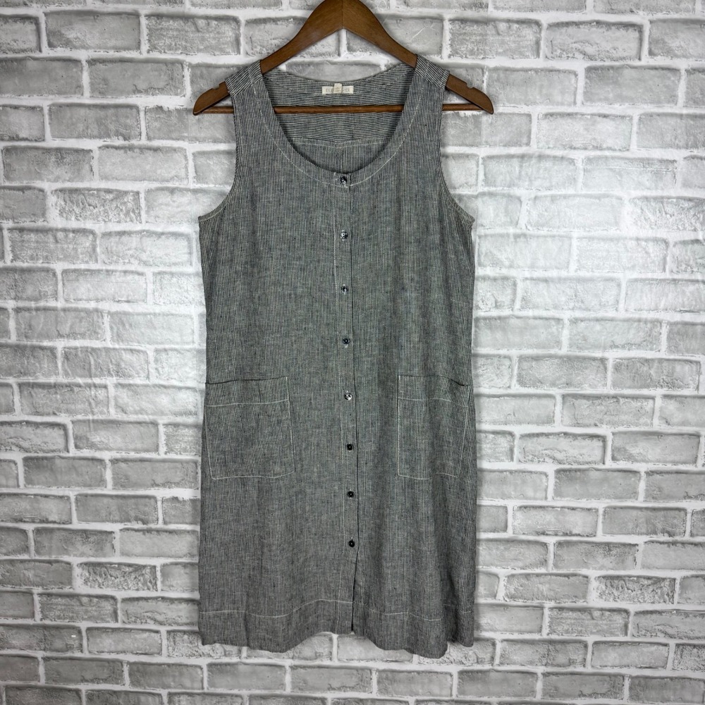 Eileen Fisher Hemp Organic Cotton Pinstripe Button Front Shift Dress Black White